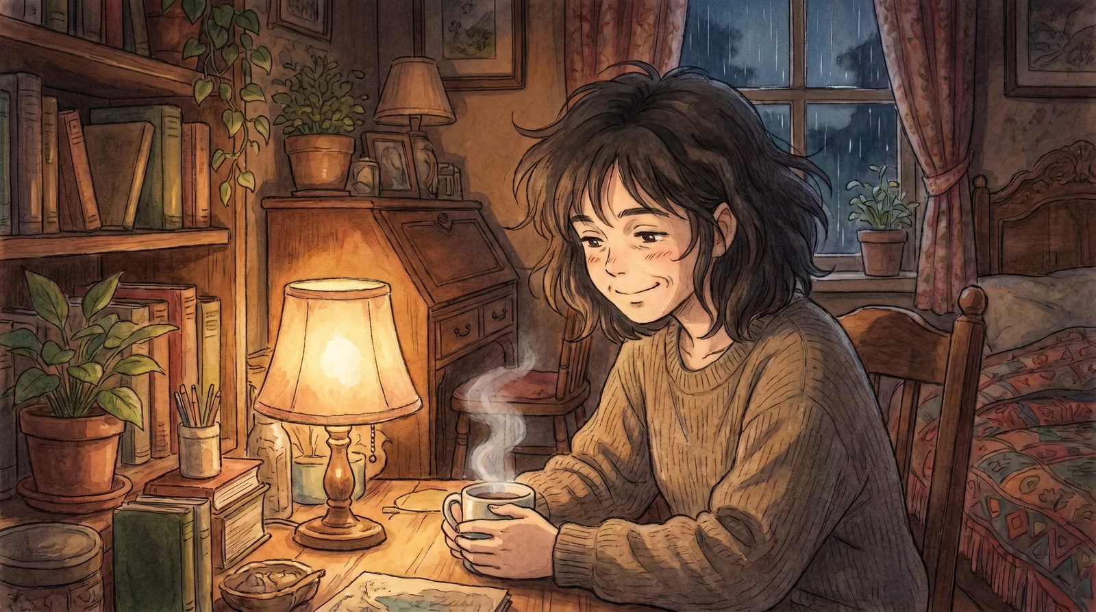Studio Ghibli-style illustration of a young woman laughing in golden sunlight