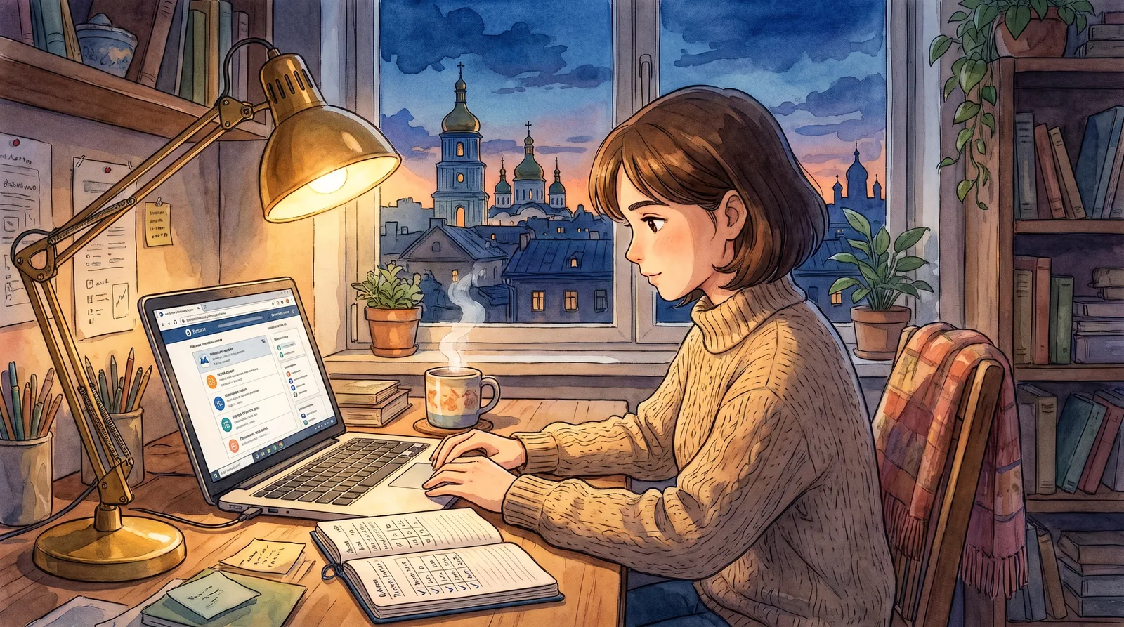 Studio Ghibli-style illustration of a young Ukrainian woman at a warm lamplit desk comparing modeling agencies with Kyiv rooftops glowing at dusk