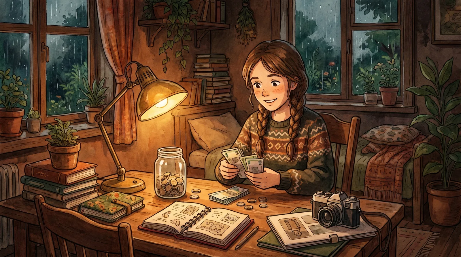 Studio Ghibli-style illustration of a young woman planning her modeling career at a desk by warm evening lamplight