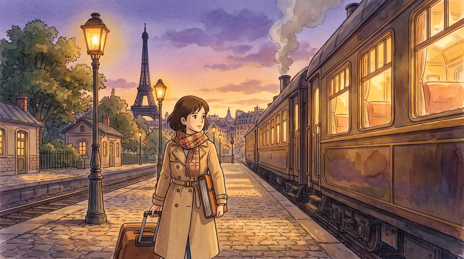 Studio Ghibli-style illustration of a young model with a suitcase and portfolio book on a warm lamplit evening railway platform, the Eiffel Tower glowing in the dusk sky