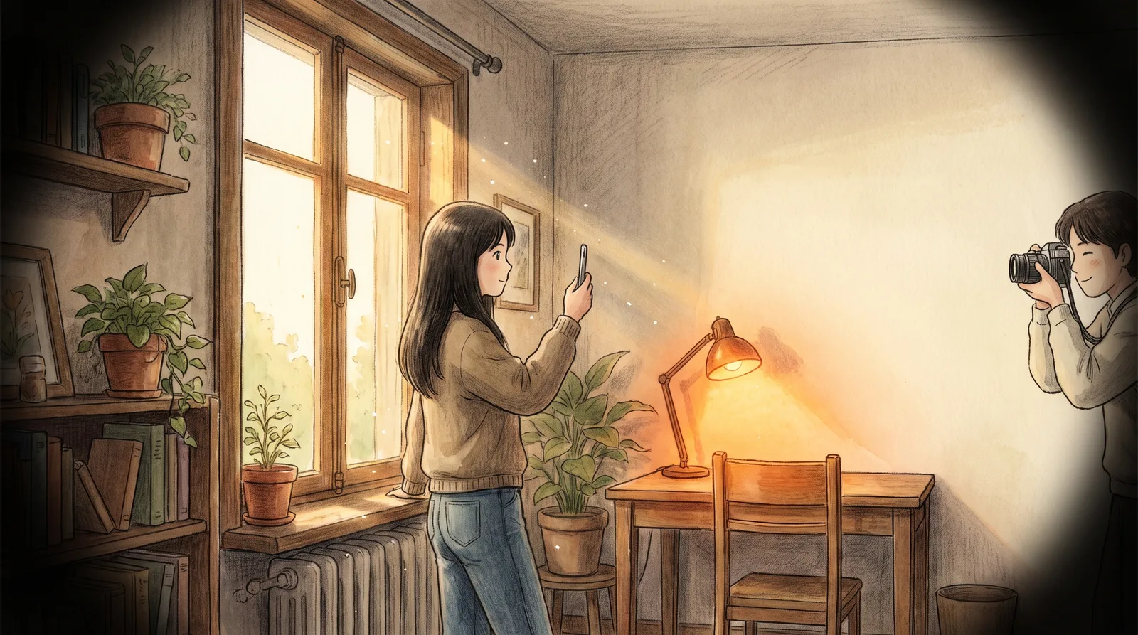 Studio Ghibli style illustration: a young woman taking phone photos of herself by a sunlit window in a cozy apartment, warm morning light