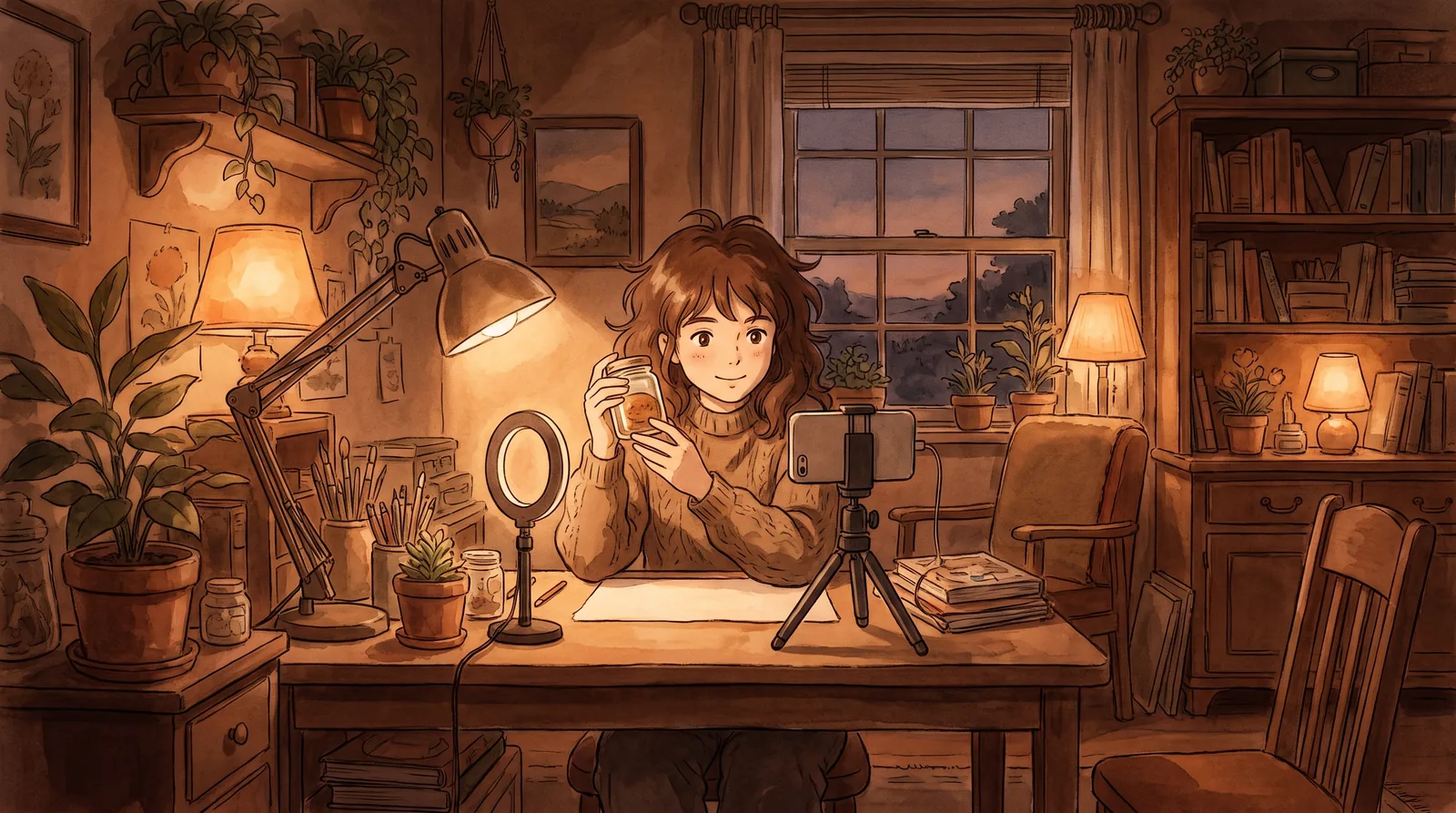Studio Ghibli-style illustration of a young woman filming UGC content on her phone with a ring light in the evening