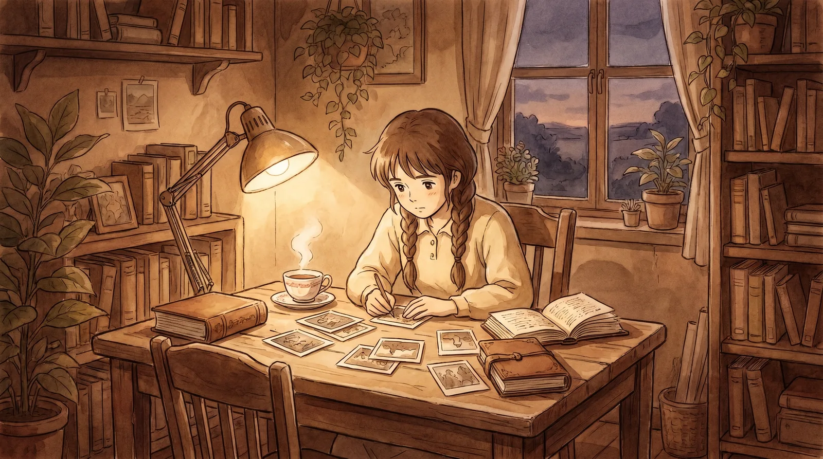 Studio Ghibli-style illustration of a young woman arranging photographs and a portfolio book by a sunlit window
