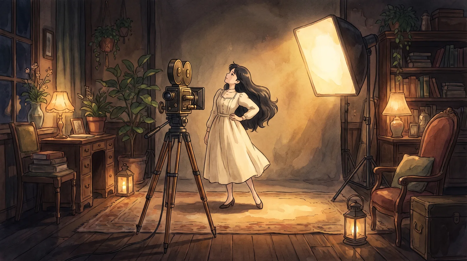 Ілюстрація в стилі Studio Ghibli: дівчина позує перед студійною камерою у теплому вечірньому світлі