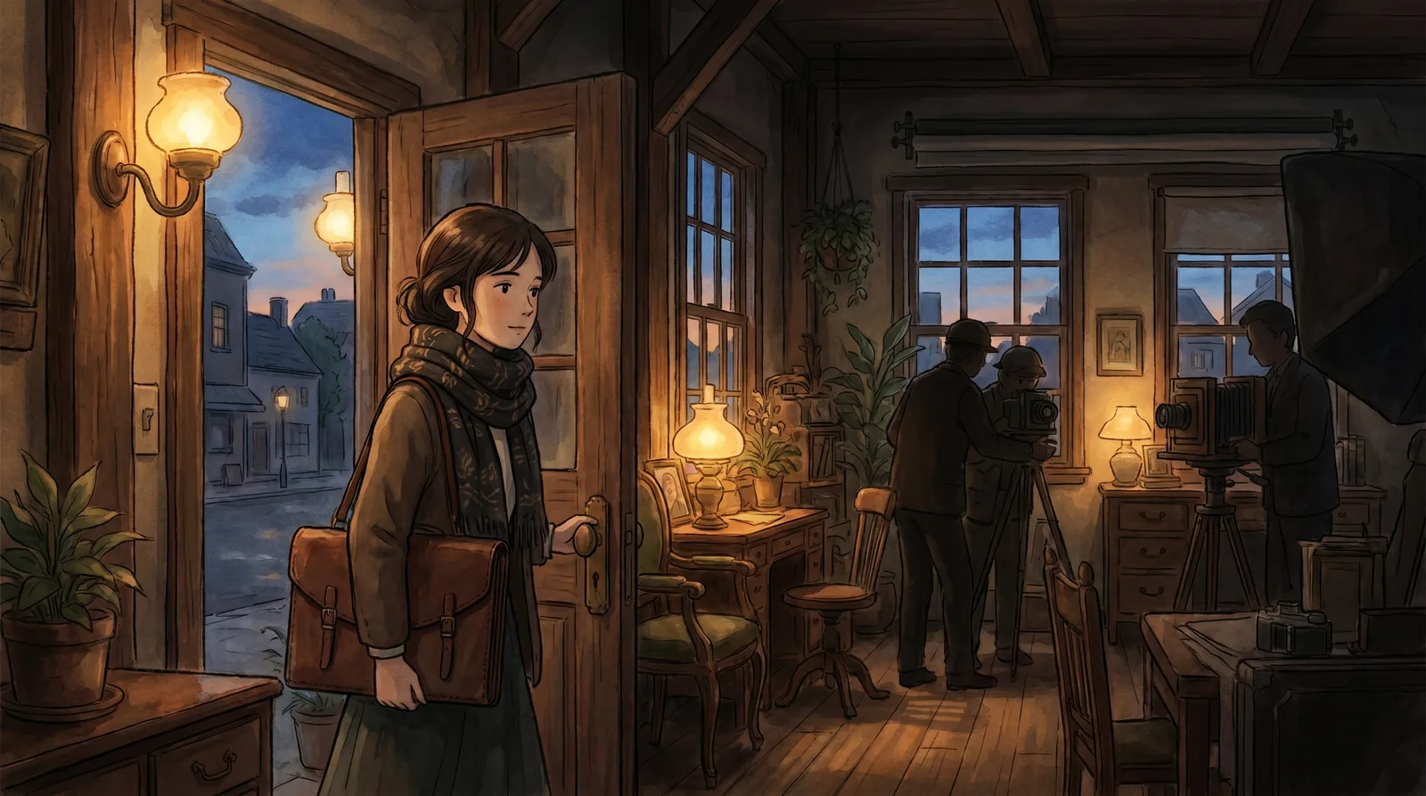 Studio Ghibli-style illustration of a young woman arriving at a model casting