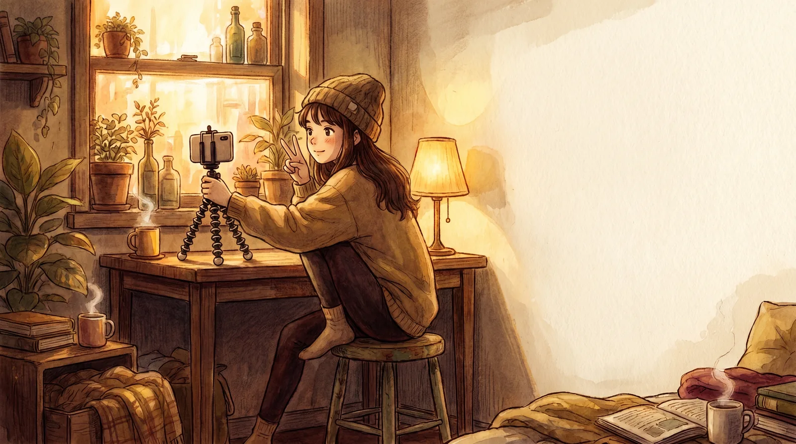 Studio Ghibli-style illustration of a young woman taking photos by a sunlit window