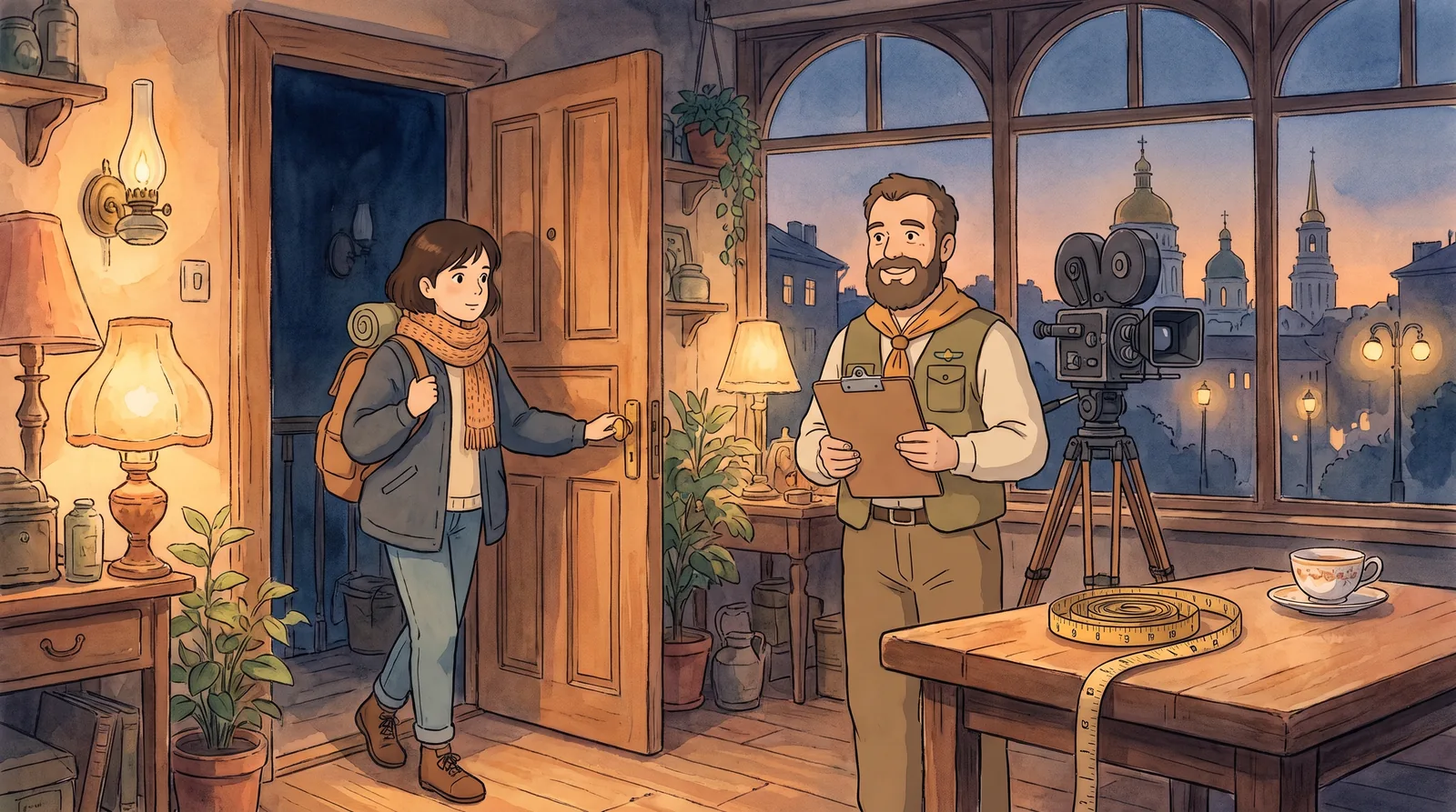 Ілюстрація у стилі Studio Ghibli: дівчина впевнено заходить до затишної, тепло освітленої кастинг-студії в Києві ввечері, де на неї чекають привітний скаут із планшетом і камера на штативі.