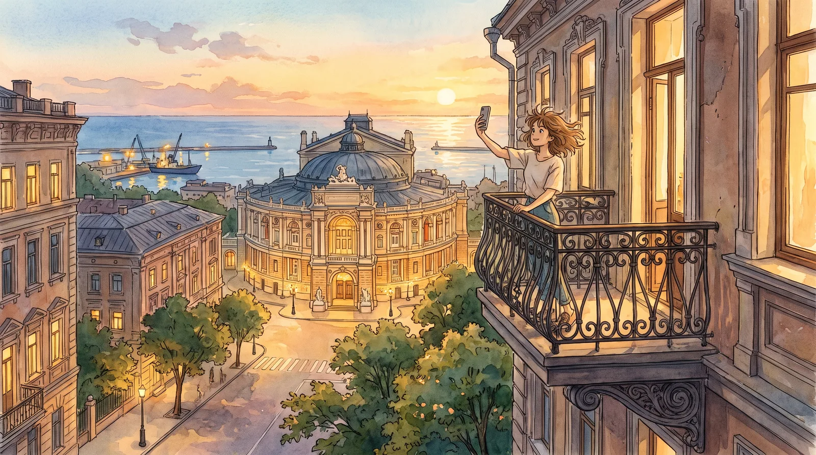 Studio Ghibli-style illustration of a young aspiring model taking casting photos on her phone from a wrought-iron Odesa balcony at golden dusk, the Opera House and harbor glowing below