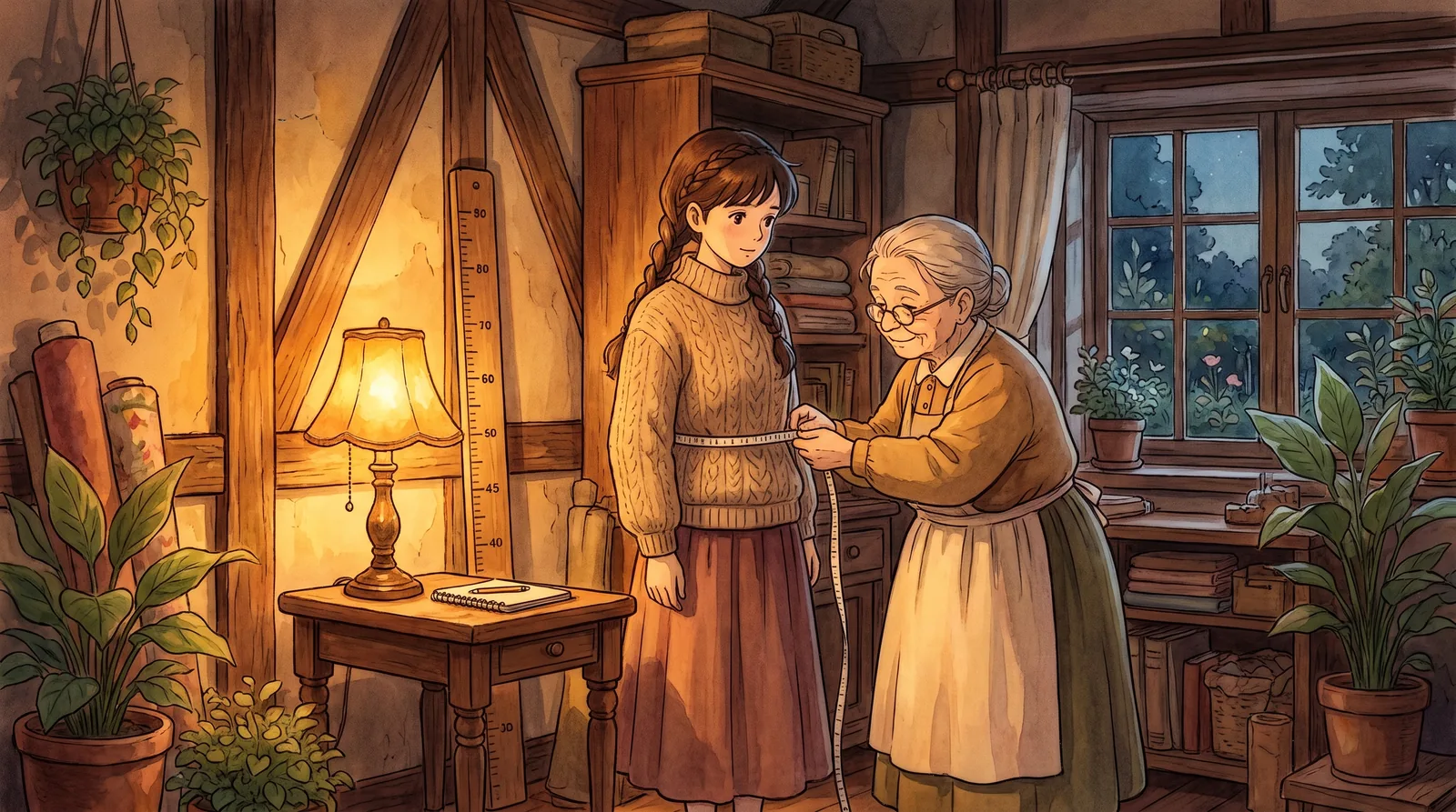 Ілюстрація у стилі Studio Ghibli: молоду жінку обмірюють сантиметровою стрічкою в теплій, освітленій лампою студії