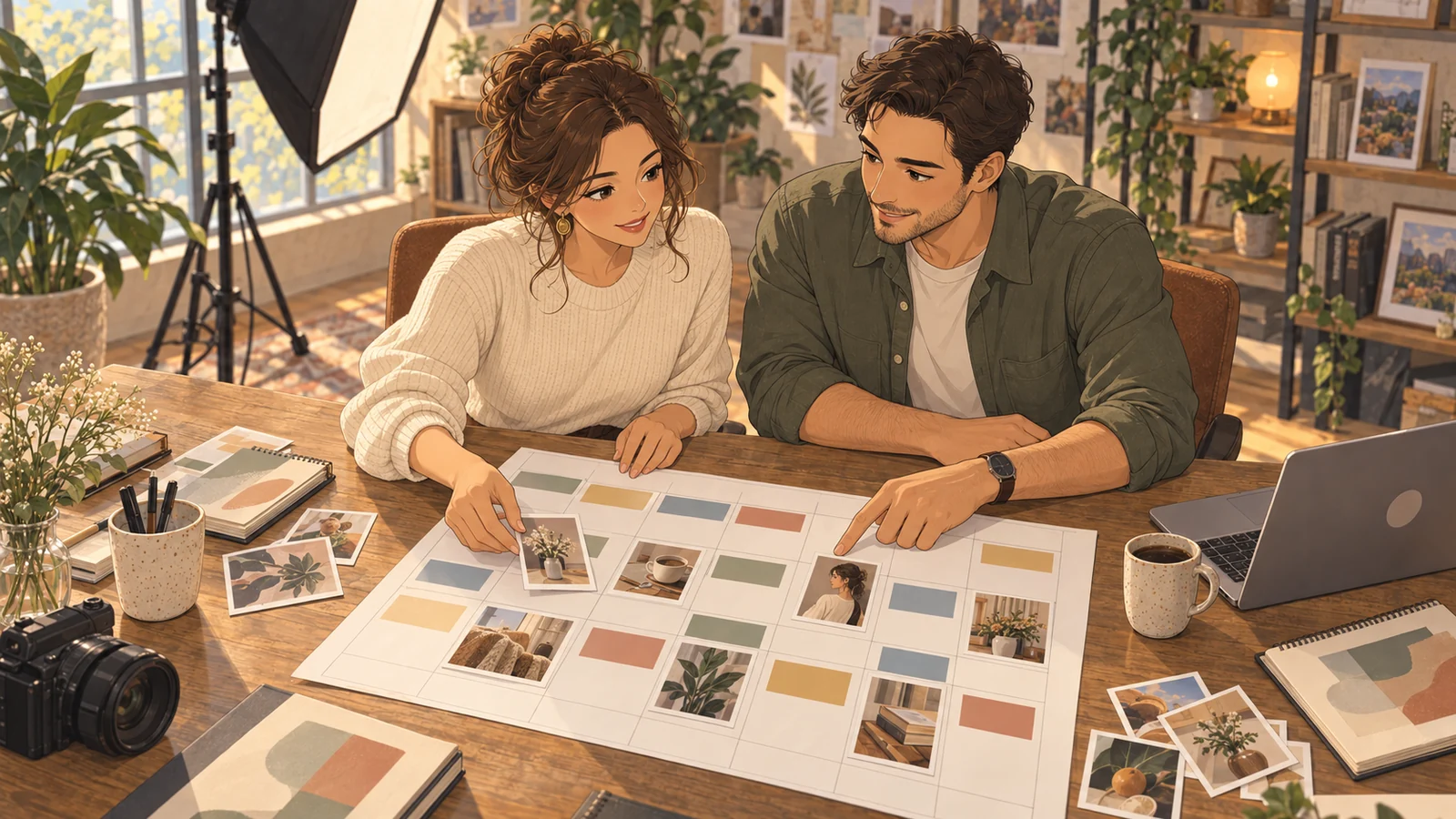 An adult creator and a manager review a visual content calendar together.