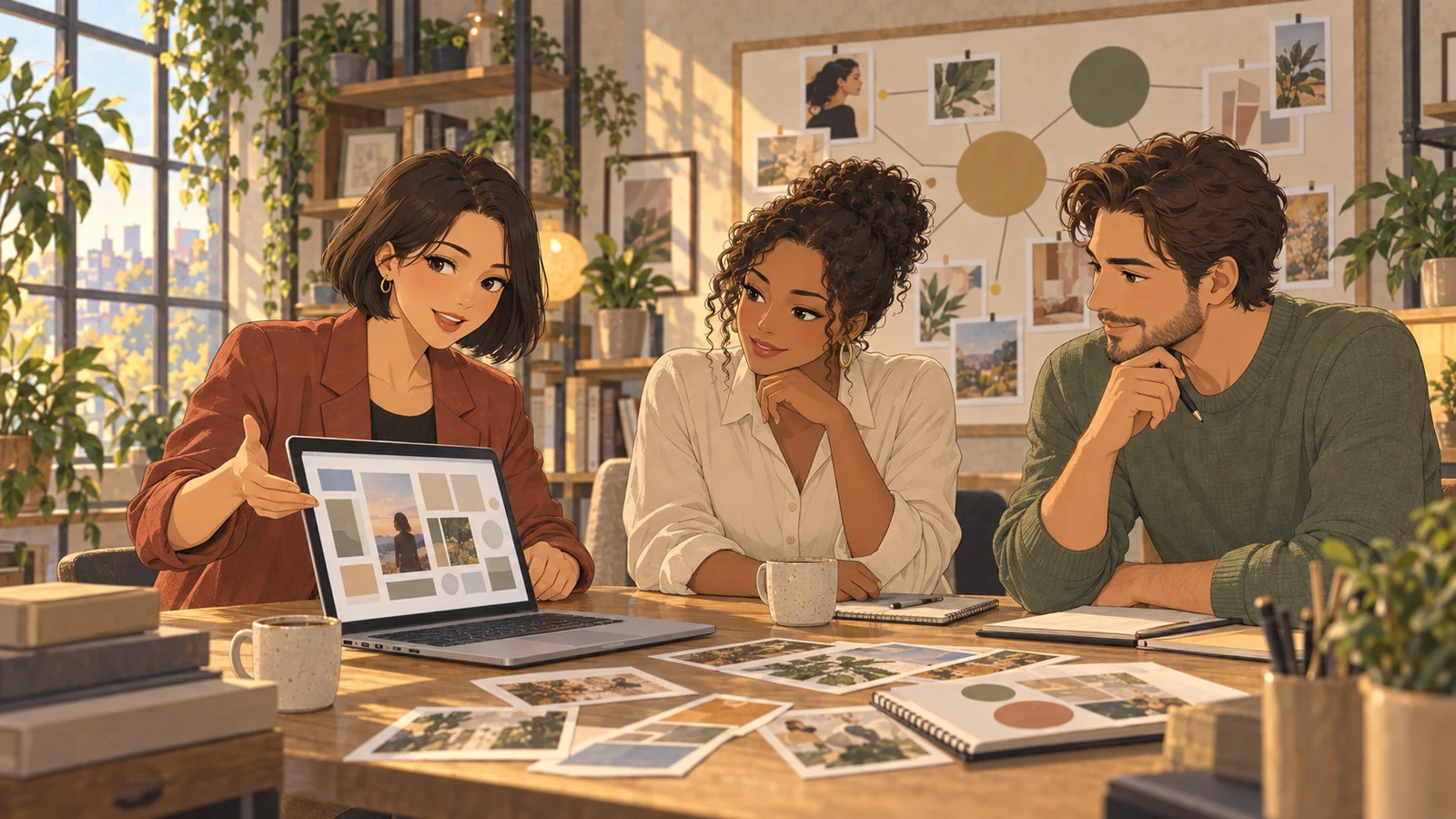 A management team develops promotional content for an adult creator in a professional workspace.