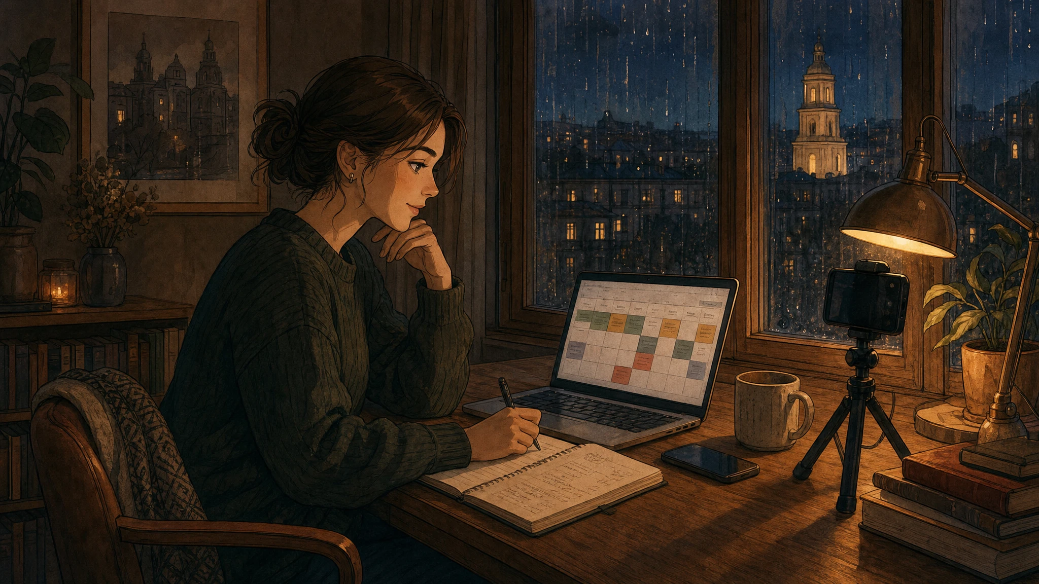 An adult Ukrainian female creator sits at a desk by a rain-streaked window at night, reviewing a content plan and phone camera setup while warm light from a lamp falls across notebooks and a laptop.