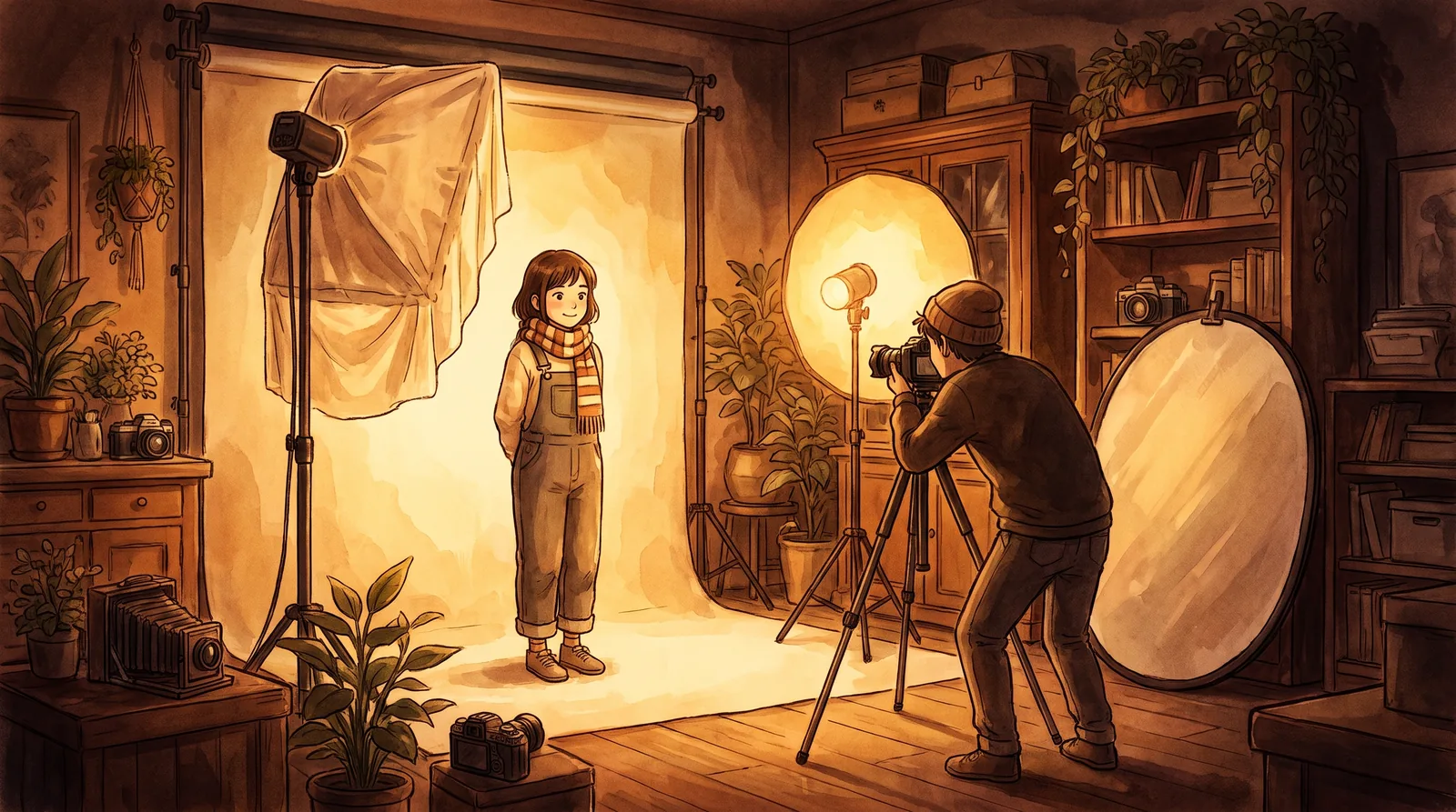 Ілюстрація у стилі Studio Ghibli: молода дівчина на своїй першій тест-зйомці позує у теплому світлі студії, поки фотограф знімає її із софтбоксом.