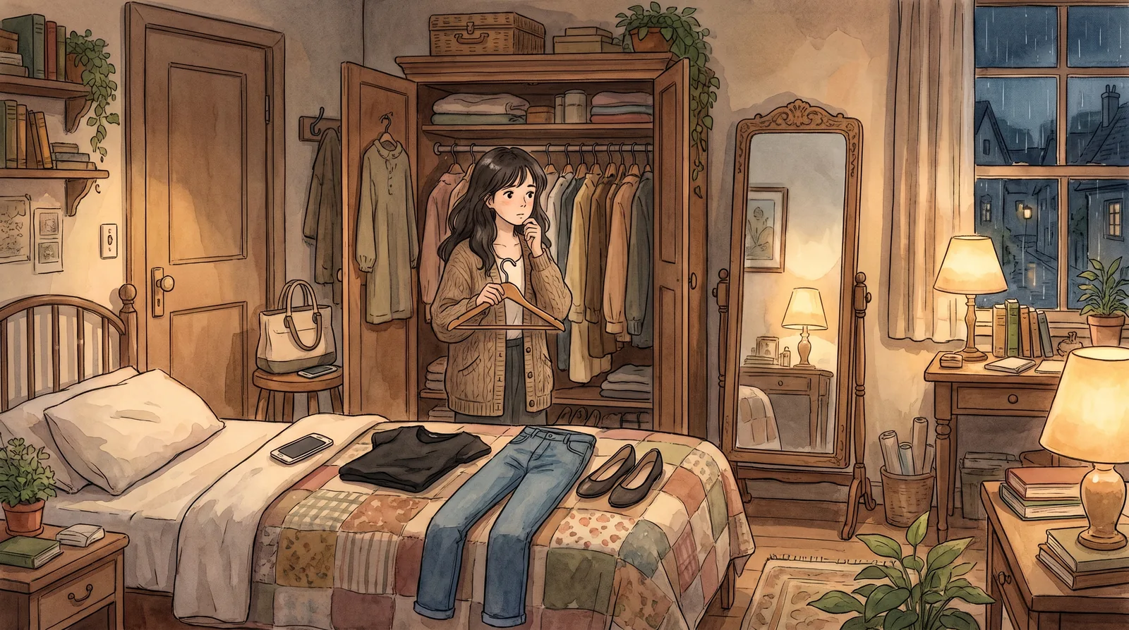 Studio Ghibli-style illustration of a young woman in warm evening lamplight choosing a simple outfit for a modeling casting, with a black top and jeans laid out on the bed.